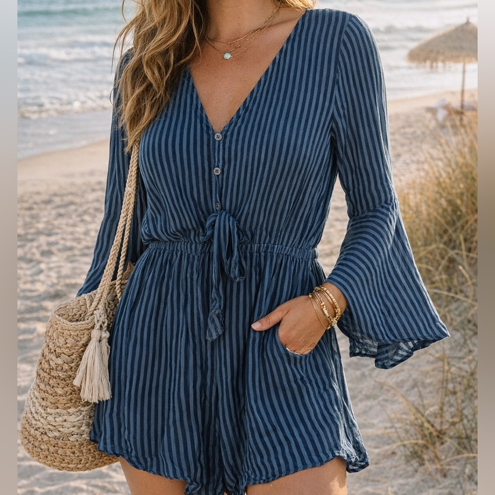 Billabong Blue Striped V-Neck Tie-Waist Romper